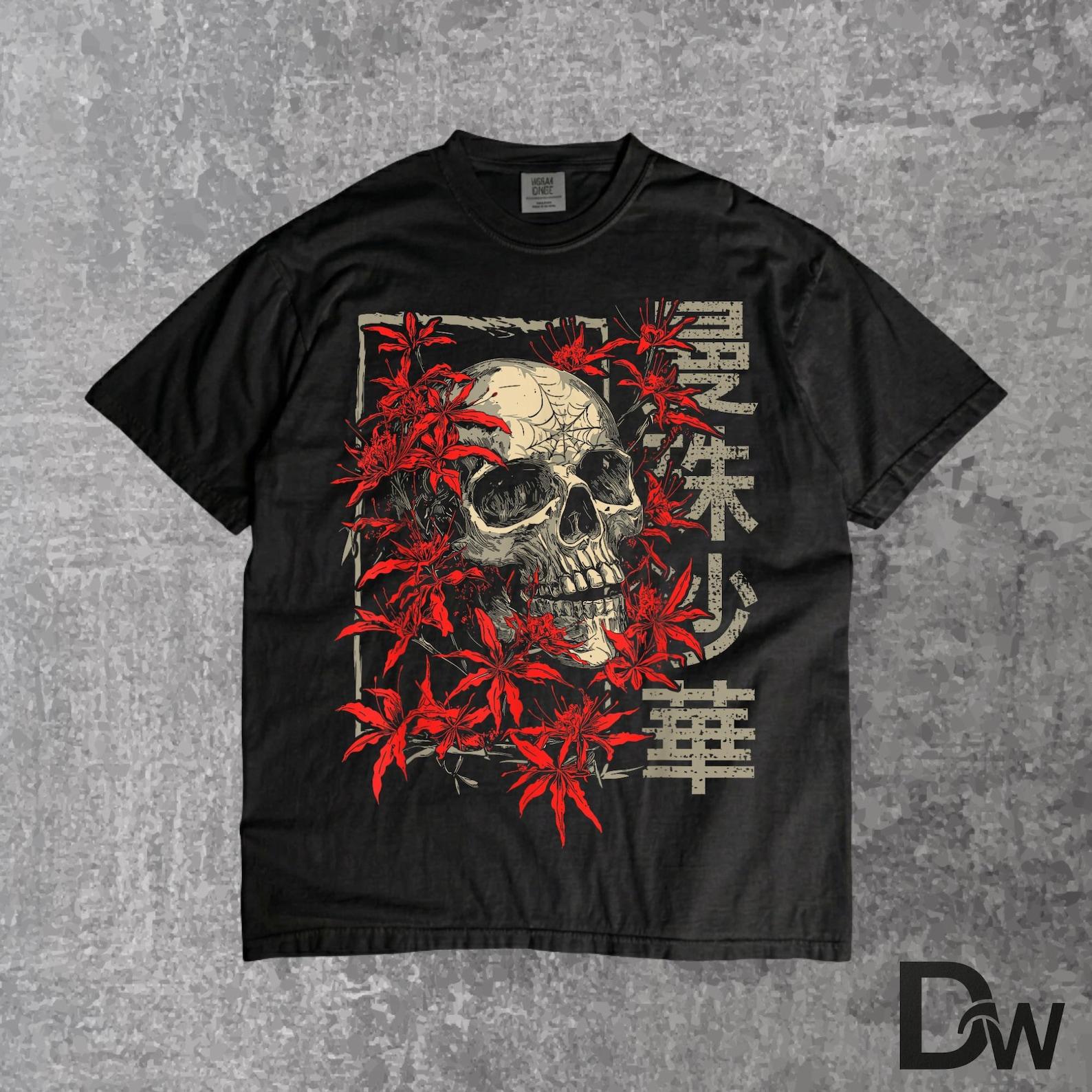 Red Spider Lily Flower Skull Skeleton, Japanese Anime T Shirt, Gothic Floral Skull Tee, Otaku Aesthetic Shirt, Dark Anime Graphic Tee L