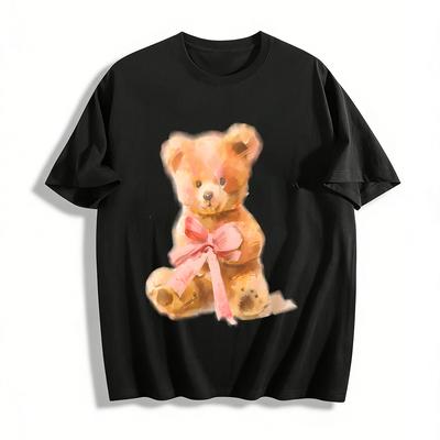 Oil Painting Style Cute Teddy Bear Print Casual Top Unisex Loose Fit Daily Wear T-Shirt Pure Cotton T-shirt