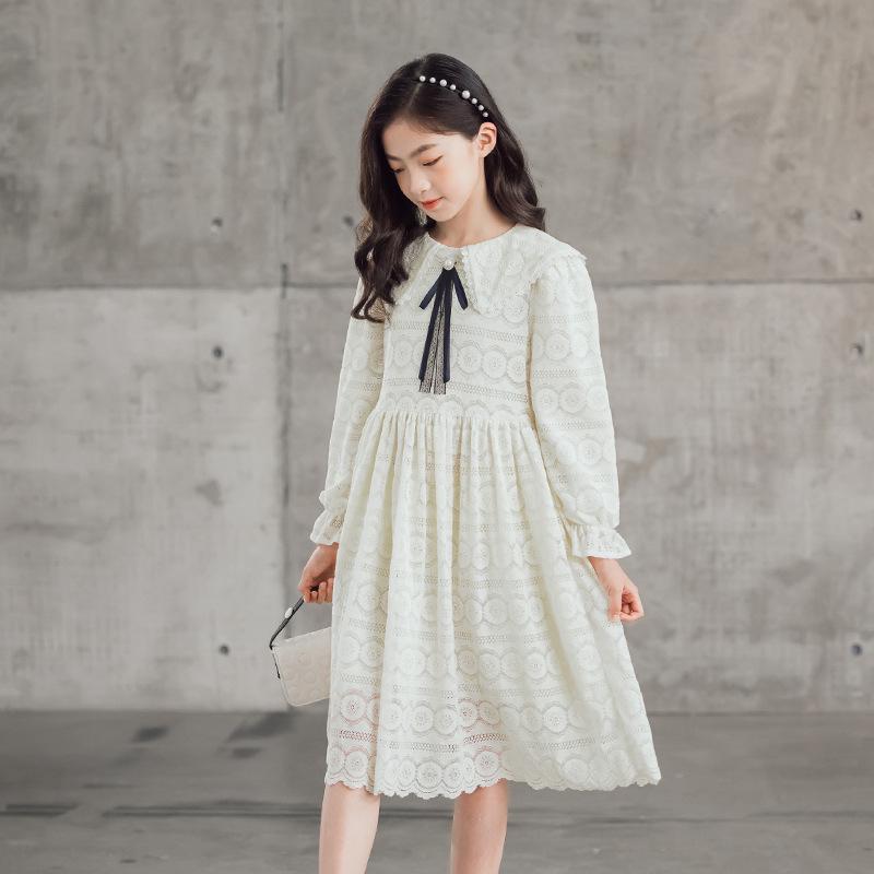 Girls' Lace Princess Dress with Long Sleeves and Mesh Skirt for Spring