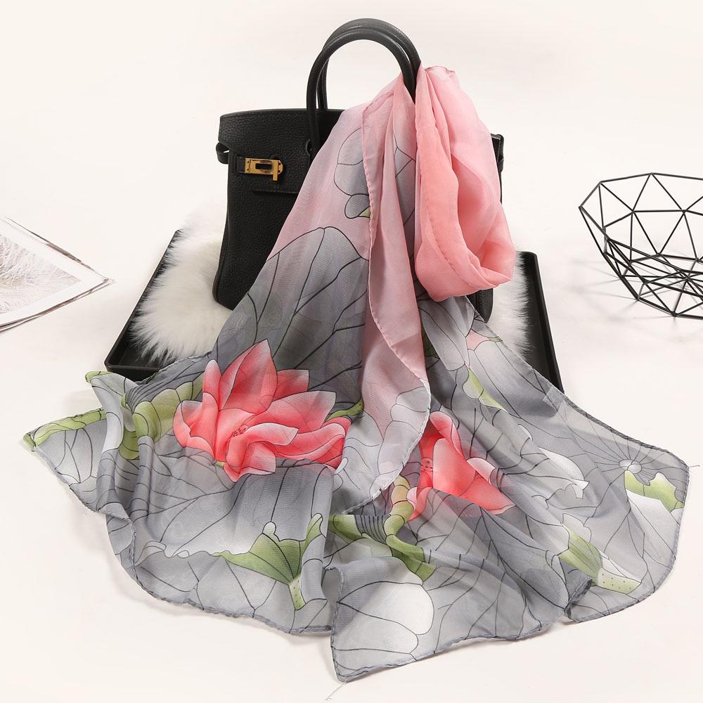 Chiffon Lotus Print Long Scarf - Lightweight, Thin Spring/Autumn Silk Accessory for Middle-Aged & Elderly