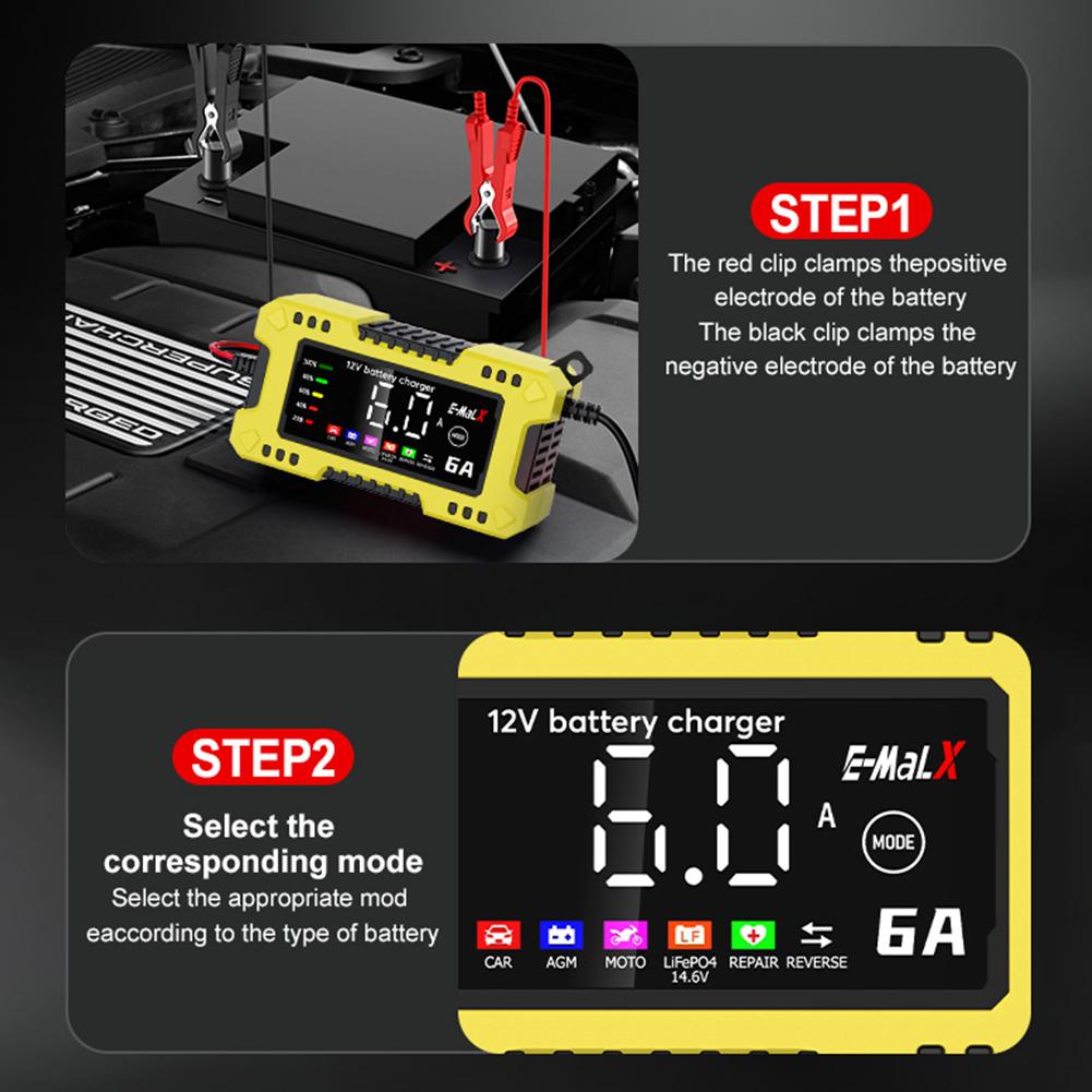 6A 12V Car Battery Charger Moto Battery Charger Car and Motorcycle Battery Charging Unit for Lead-Acid AGM GEL Batteries