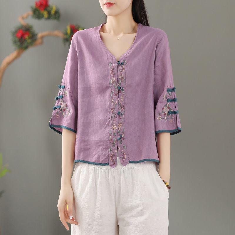 Summer Women's Clothing Shirts Blouse Blusa Mujer Vintage Casual Camisas Women Blouses Linen V Neck Embroidery