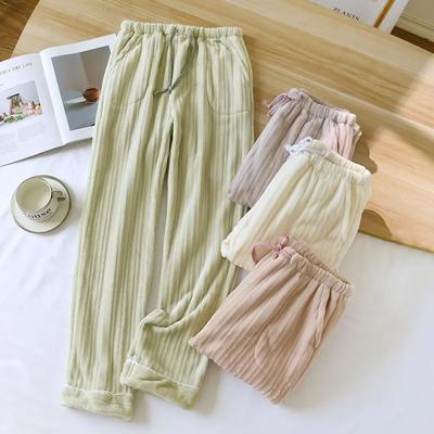 2026 Winter New Women's Pants Flannel Thickened Warm Bar Pattern Sleep Pants Four Color Pocket Home Pants Ladies Bottoms Womens