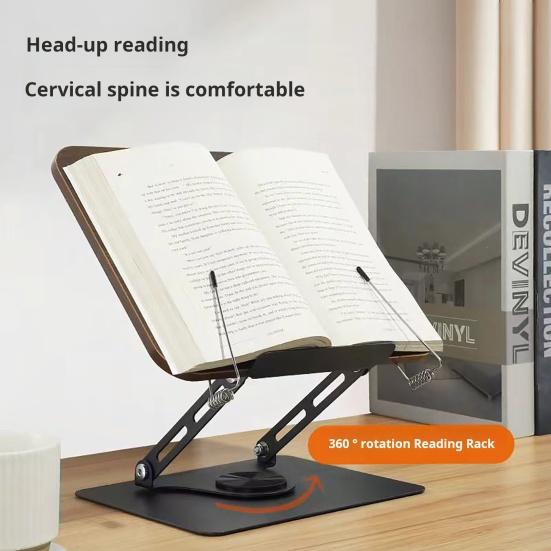 Wooden Book Holder Liftable Reading Stand with 360° Swivel Base Elastic Page