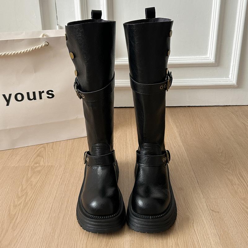 Retro British Style Thick Heel Platform Boots Women's 2025 Autumn and Winter New Long Boots Big Tube Circumference Tall Knight Boots