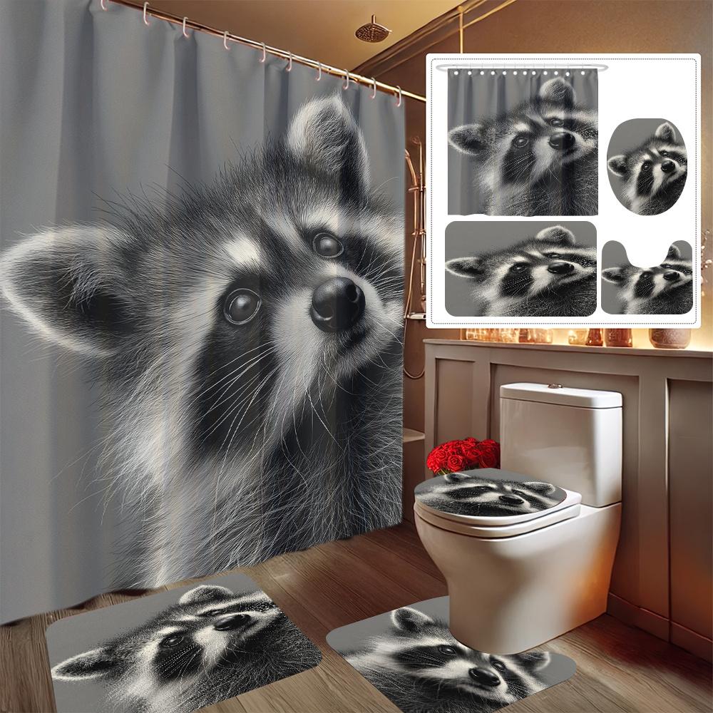 4Pcs Cute Raccoon Print Shower Curtain Set with Non-Slip Bath Mat, Toilet Lid Cover, Contour Rug & 12 Hooks, Bathroom Decor