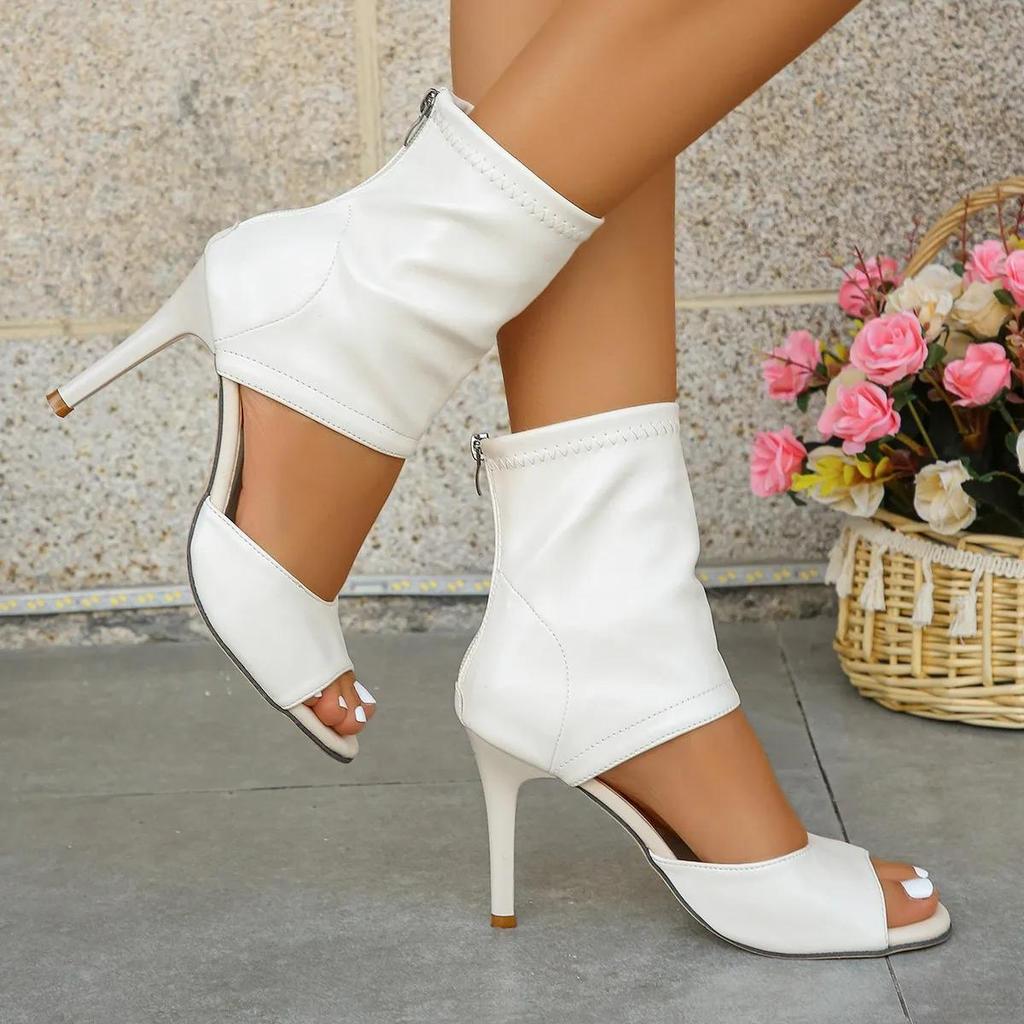 סנדלי פה דג סקסיים לנשים קיץ חדש איכותי PU עקב סופר גבוה רוכסן אחורי מגף מגניב אופנה מסיבה חתונה נעל