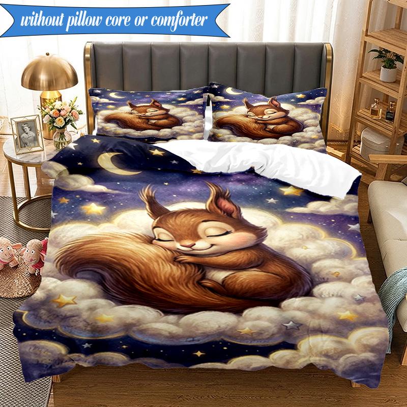 3-teiliges Bettwäsche-Set ' Eichhörnchenträume im Mondlicht', Enthält 1 Bettbezug und 2 Kissenbezüge, Perfekt für Schlafzimmer, Wohnheim, Weihnachtsgeschenk für Fans