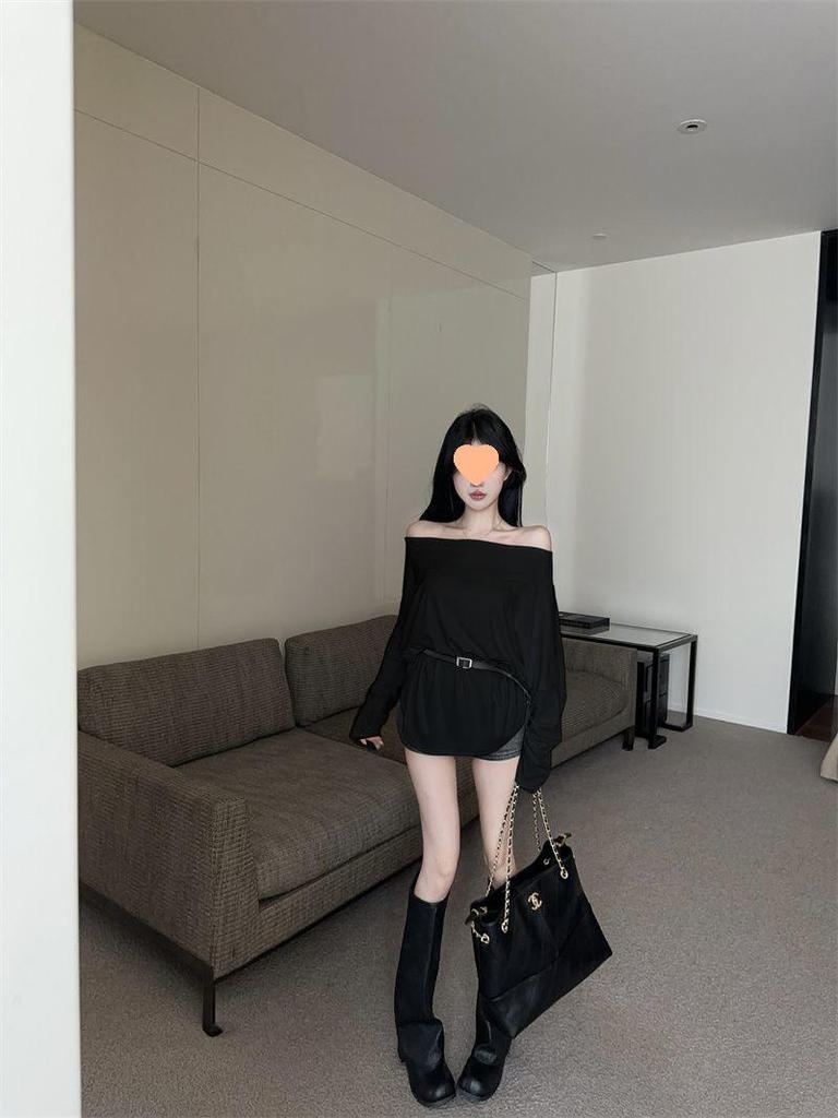 Korean Style One-Shoulder Long-Sleeve Women's T-Shirt, Slimming and Flattering Autumn Base Layer with Belt, Beautiful New Arrival