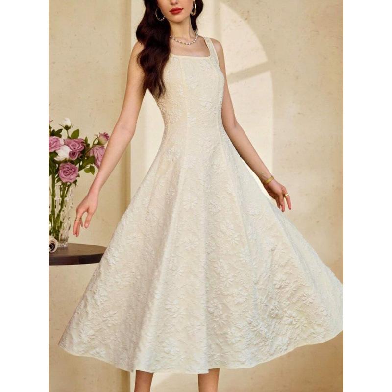 Europe, America 2026 summer new French retro jacquard design sense high square neck dress women S абрикосовый