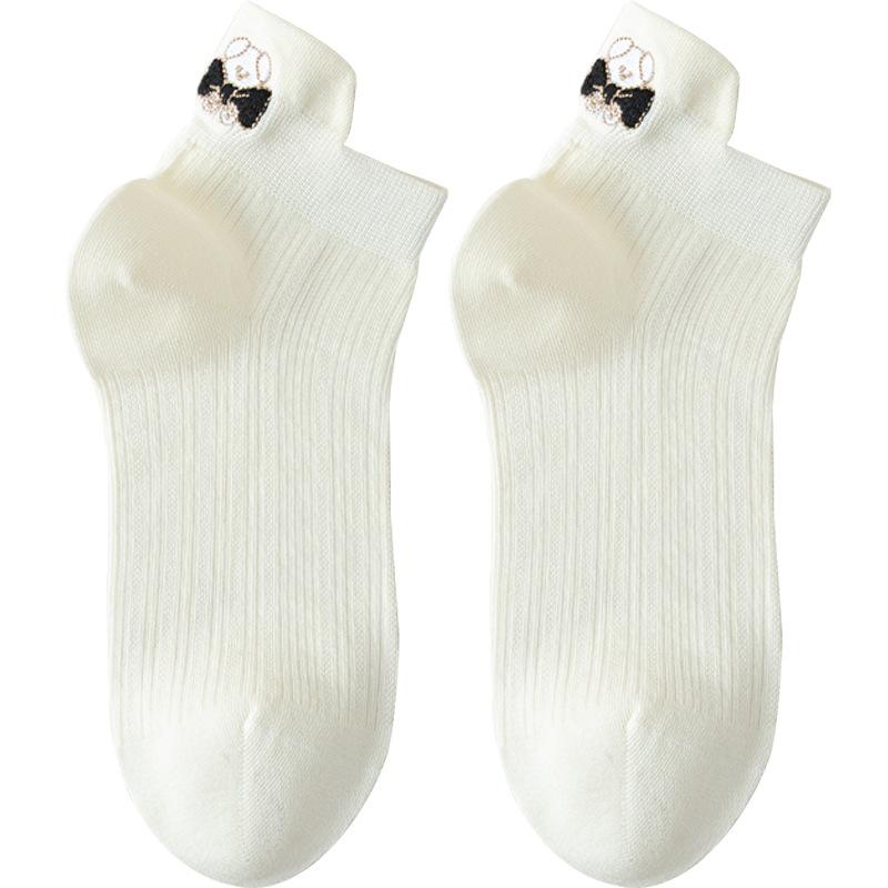 Women's Summer Thin Bear Embroidered Mesh Breathable Boneless Short Cotton Socks
