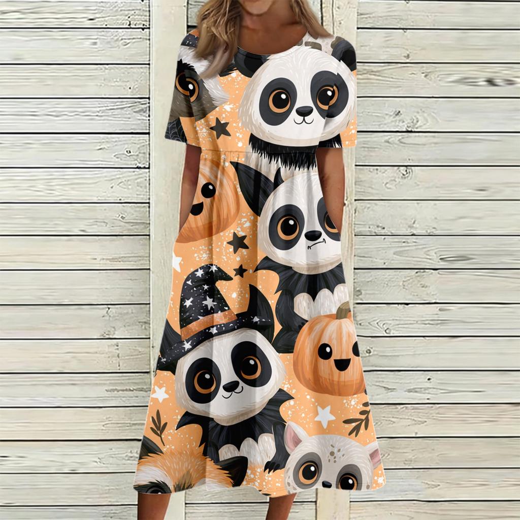 Damen Freizeitkleid mit Halloween-Print, Rundhalsausschnitt und Taschen für Partys