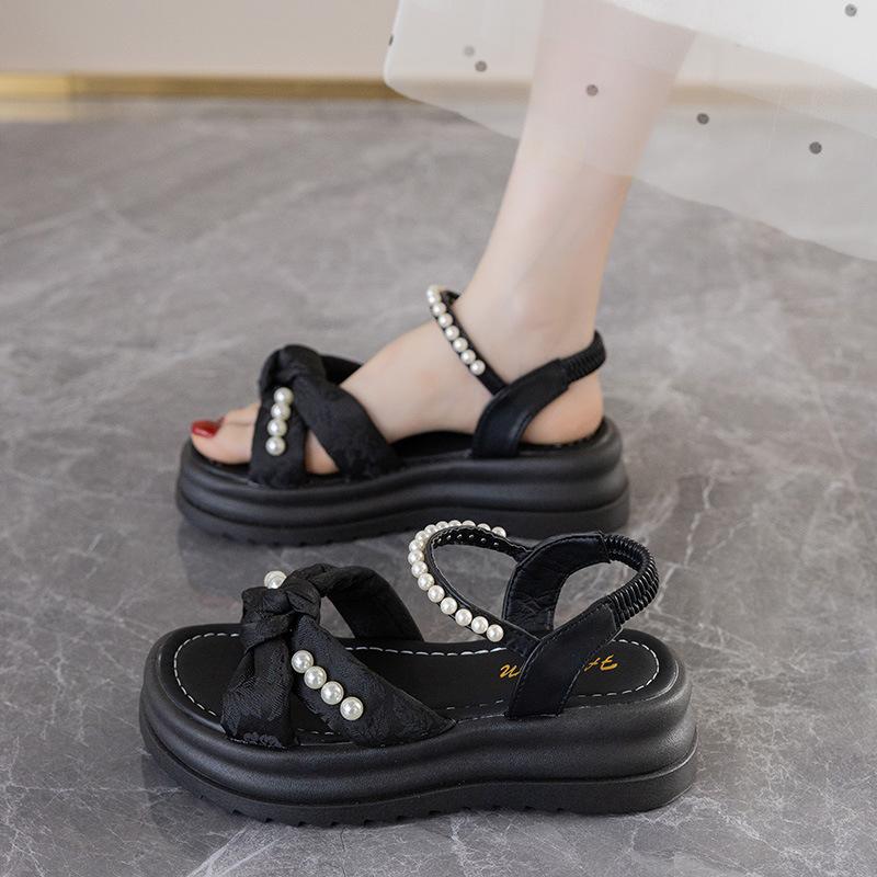 

Internet celebrity trendy shoes with skirt comfortable pearl temperament fairy bow fashion 2025 new platform sandals women 40 чёрный