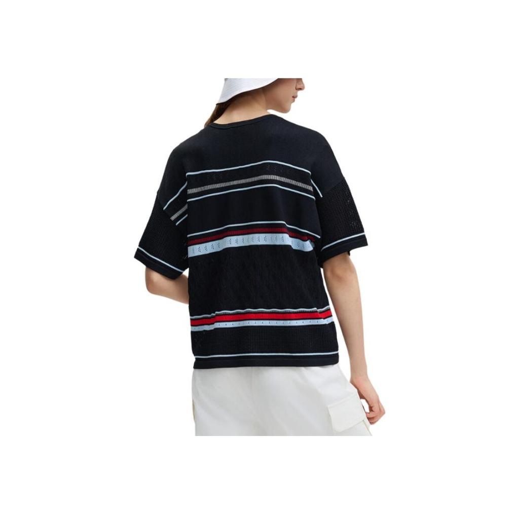 Fila Emerald Letter Embroidery Striped Pattern Round Neck Pullover Short Sleeve Knit Top Women Tops Legendary-Blue F11W434404F-NV