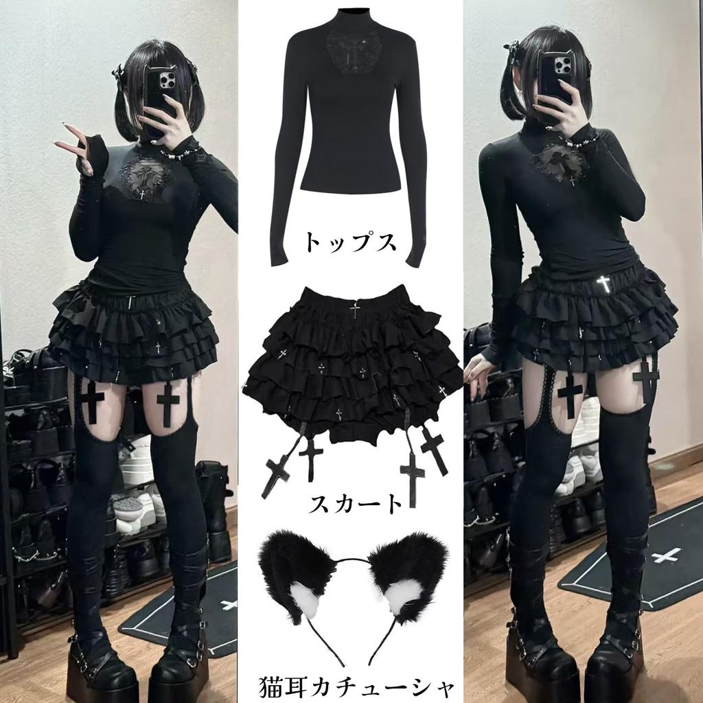 Outfit Cosplay Gothic Long Sickly Top and Bottom Idol Black M [AOTYP] Landmine-style Set, Black, Lolita, Cute, Sleeved, Cute, Set, Cake, Skirt, Cross,