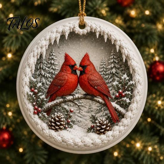 Charming Holiday Tree Accents 2 Pcs Red Bird Christmas Ornaments, 2D Round Acrylic Snowy Scene Classic Keepsake Ornaments Xmas Hanging Decoration for