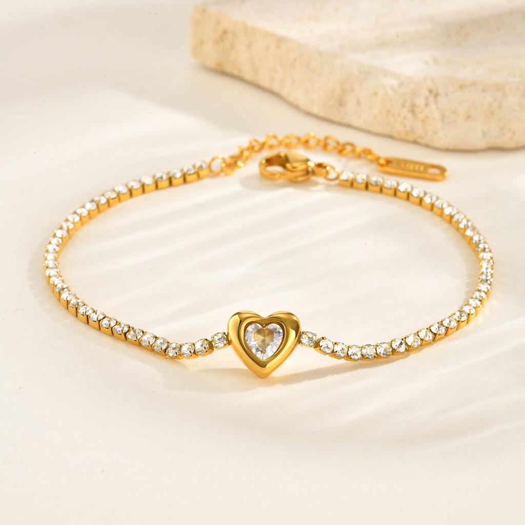 Luxurious Heart Zircon Chain Bracelet for Women,Gold Color Stainless Steel Link Chain Bracelets,Fashion Jewelry Gift