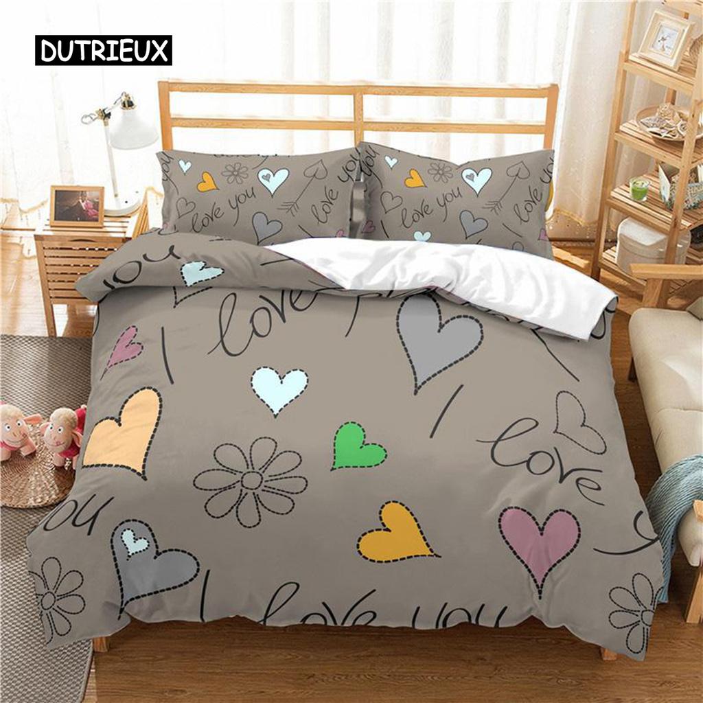 Love Heart Duvet Cover Set Cartoon Fun Colorful Hearts Quilt Cover Twin Romantic Style I Love You Polyester Bedding Set for Teen
