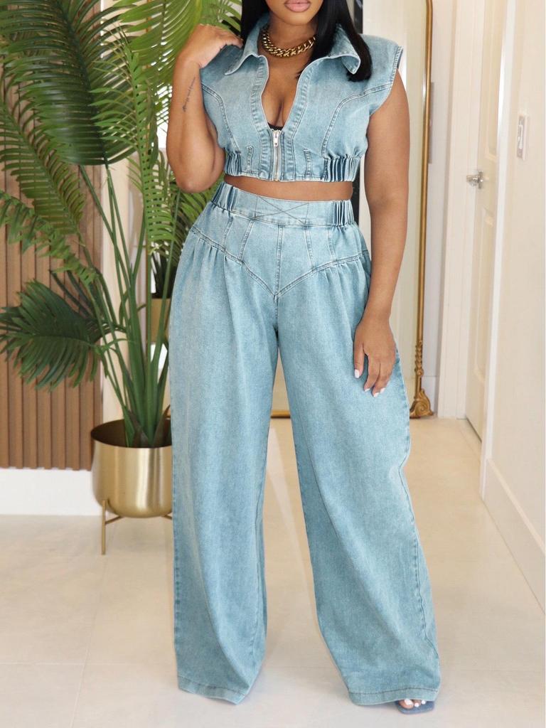 European and American Women's Sleeveless Denim Jeans Two-Piece Suit - Sexy, Loose, Straight Leg Summer Outfit