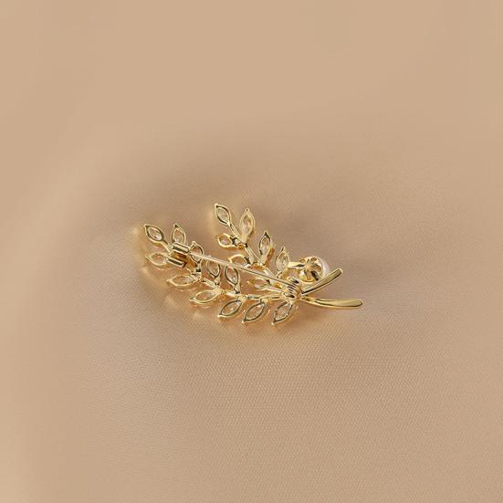 Women Brooch Sparkling Cubic Zirconia Wheat Ear Design Suit Lapel Badge with Imitation Pearls Scarves Dresses Accessories