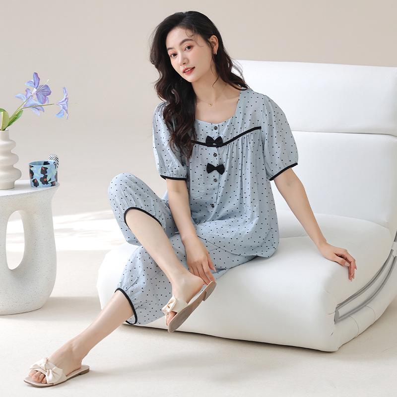 Pajamas Women's 1011 New Summer Thin Short-sleeved Tencel Court Style Large Size Can Be Worn Outside Loungewear Suit