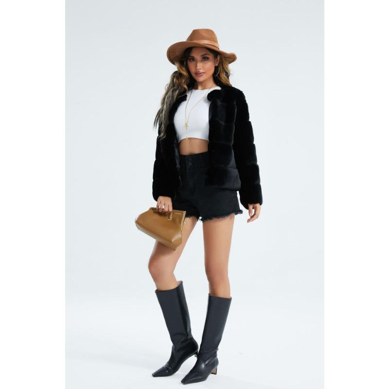 Women's Gray Faux Fur Coat Patchwork Short Warm Winter Outerwear