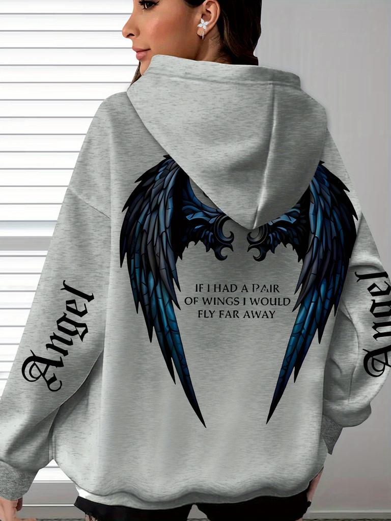 Felpa con cappuccio Hip Hop Sportiva da uomo con design ad ali a tema angelo e frase motivazionale, Top con cappuccio rétro street loose per tutte le stagioni