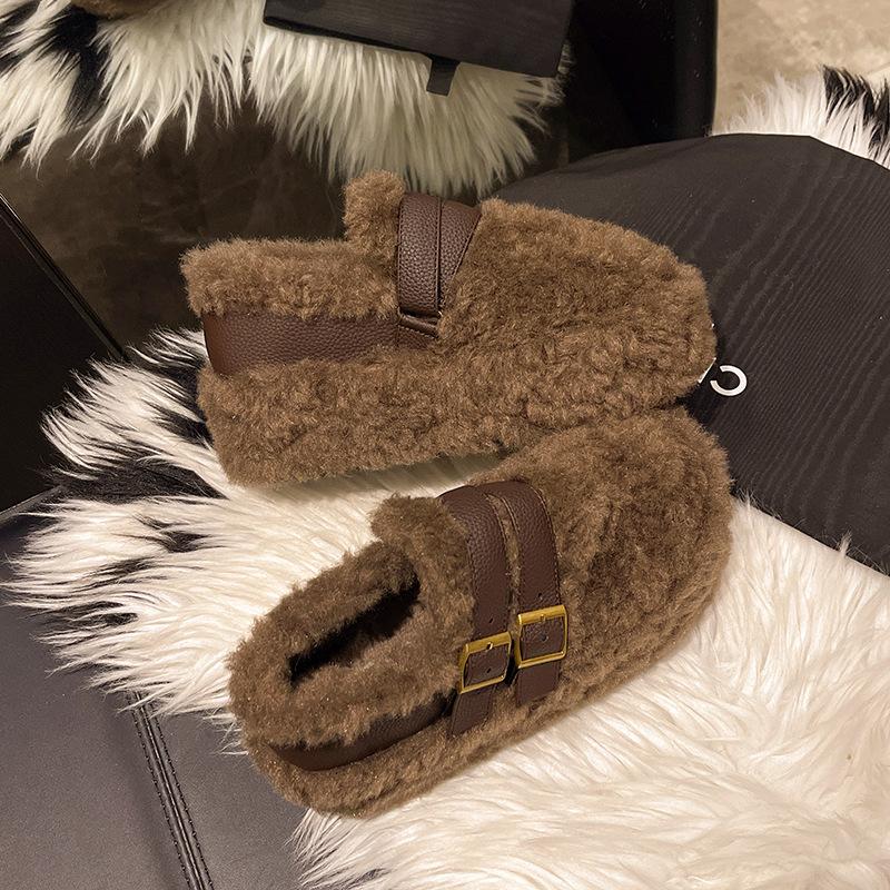 Autumn Winter Women's Cotton Shoes 2026 Fashion Plush Warm Retro Casual Shoes Outdoor Non Slip Flat Shoes Buckle Zapatos Mujer