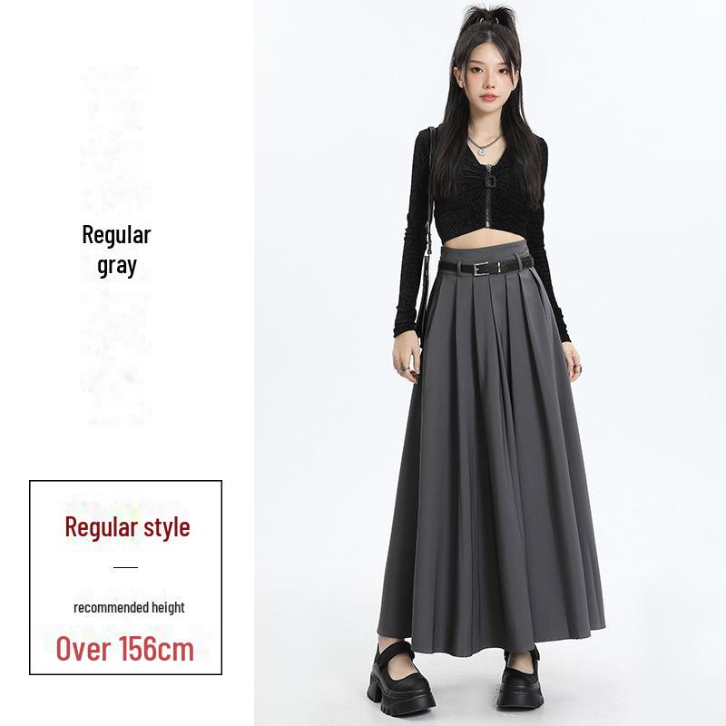 

Осенняя женская серая плиссированная юбка А-силуэта 2023 года — высокая талия, облегающий крой, длинная XL