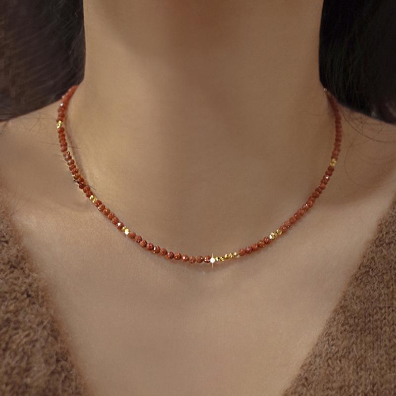 Warm Sun Natural Gold Sandstone Beaded Necklace for Women - Retro Luxury Copper Bead Spaced Collar Chain