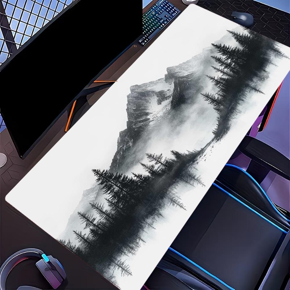 Black White Mountain Pine Forest Lake Art Desk Mat XXL Keyboard Rubber Bottom Non‑Slip Mousepads Gamer Office Accessories