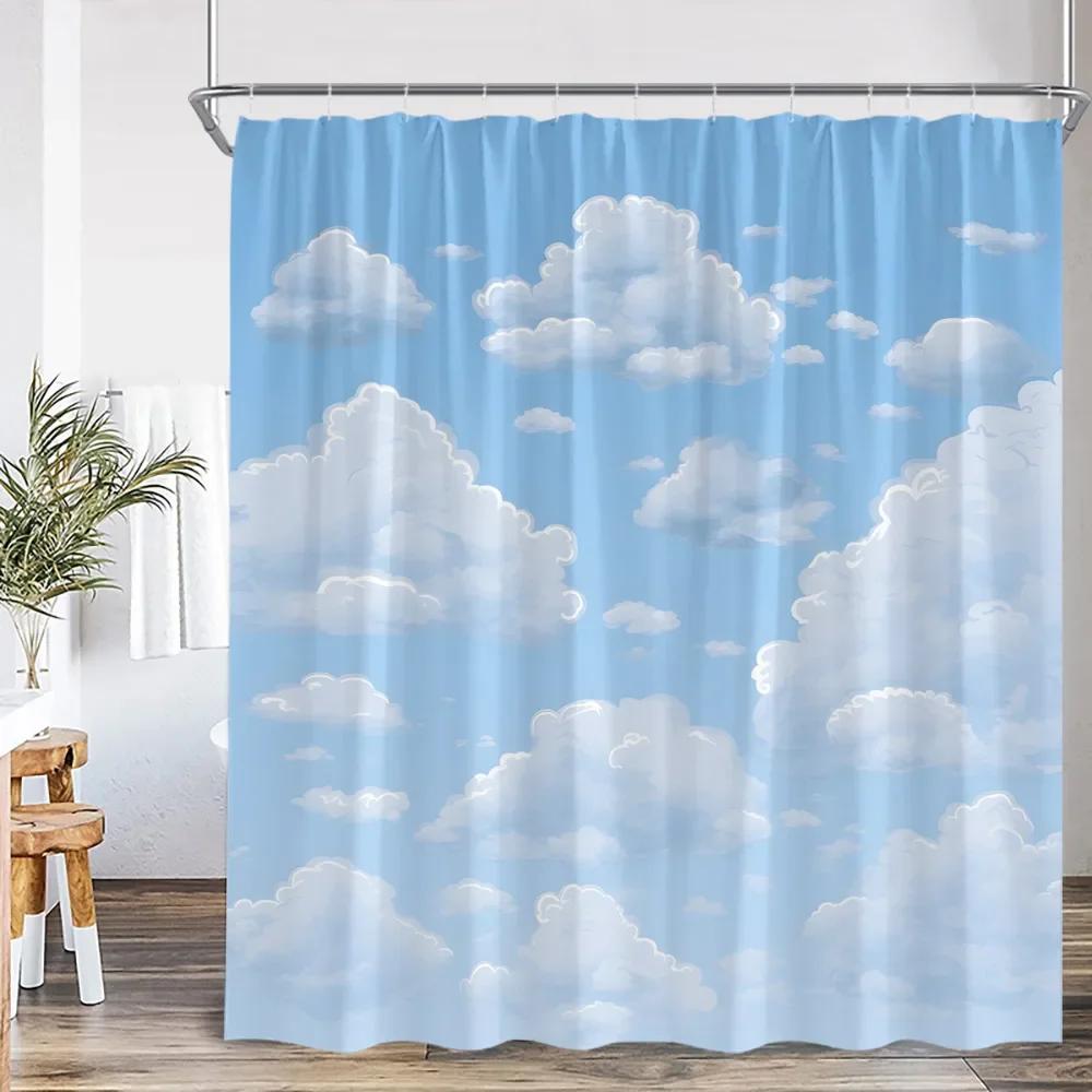 Blue Sky Natural Shower Curtain White Clouds Bathroom Decorative Shower Curtain With Hook Polyester Home Decoration Bathtub