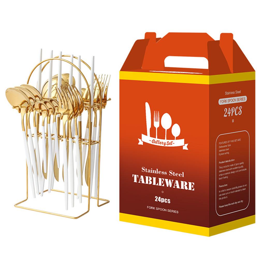 24Pcs Stainless Steel Cutlery Set Spoon Flatware Dishwasher Gold Present Knife Fork Box Portable Accessory Party