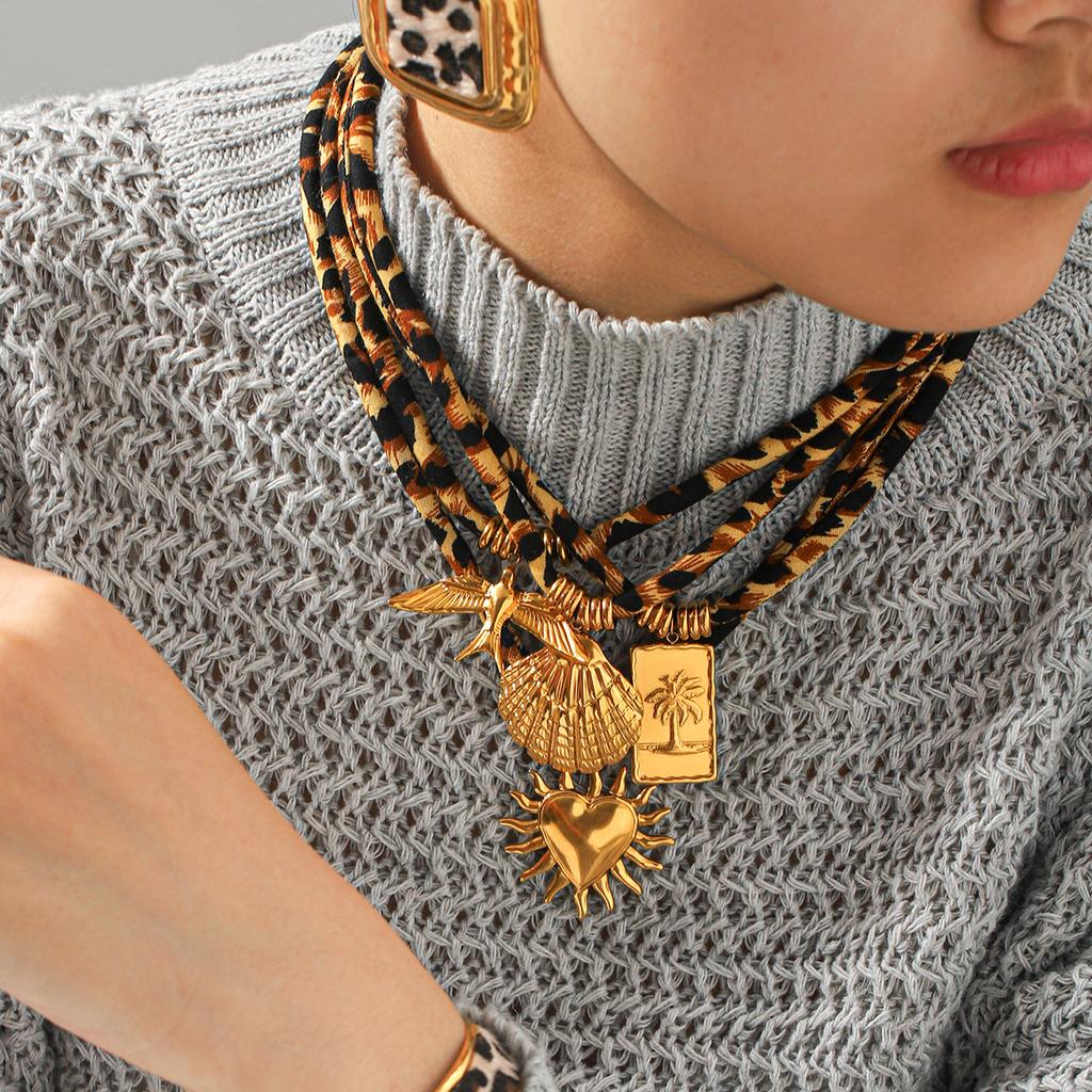 Retro leopard print woven rope necklace, niche high-end bracelet, fashionable versatile titanium steel earrings