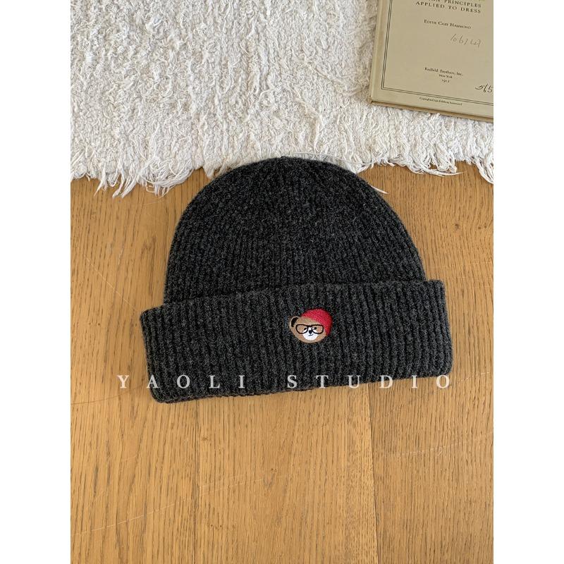 Autumn and Winter Thickened Warm Glasses Puppy Embroidered Knitted Woolen Hat for Women Korean Style Cold Proof Face Showing Small Pullover Hat