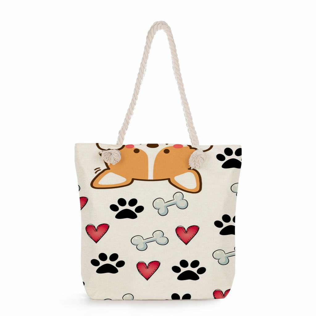 Multifunctional Dog Paws Printed Thick Rope Shoulder Beach Bag Casual Large Capacity Handbag 7601