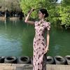 Retro Short Sleeve Printed Cheongsam Dress with Hollow-out Frog Buttons and Slit