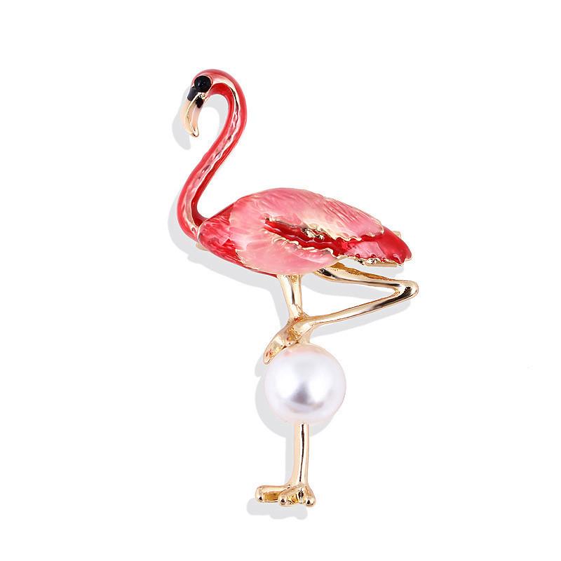 Vibrant Enamel 3D Flamingo Brooch with Pearl Lapel Pin Corsage