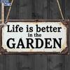 2D Flat Charming Sign White Stating That Life Is More Enjoyable In The Garden, Perfect for Farmhouse Outdoor Decor, Restaurant Shop Wall Decor,