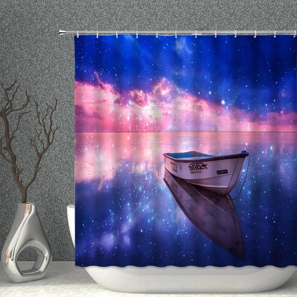 Galaxy Night Starry Sky Shower Curtains Waterproof Cloth PurpleBlue  Universe Elk Bath Screen Curtain For Bathroom Bathtub Decor