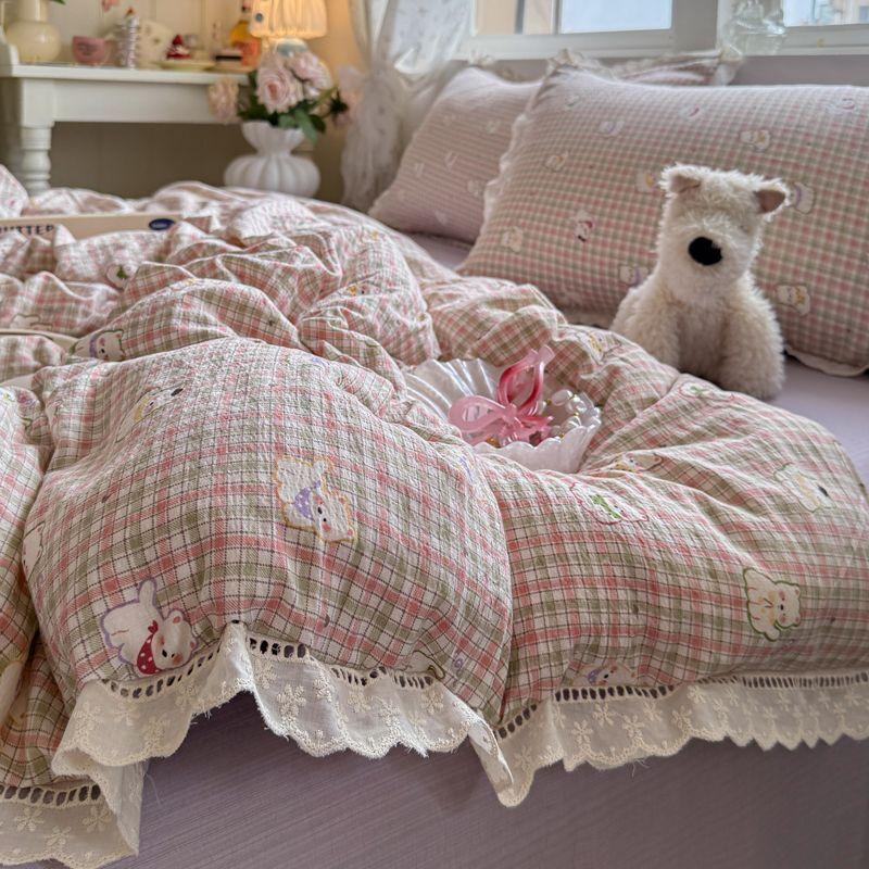 Ins Korean Style Blue Bow Double Layer Gauze Four-Piece Set Simple Lace Edge Duvet Cover Bed Sheet Dormitory 3-Piece Set