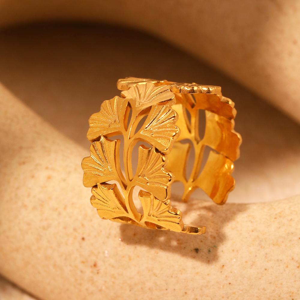 Edelstahl Wen Wan Yi Ren Ginkgo Biloba Verstellbarer Ring für Damen Herren Alltagskleidung