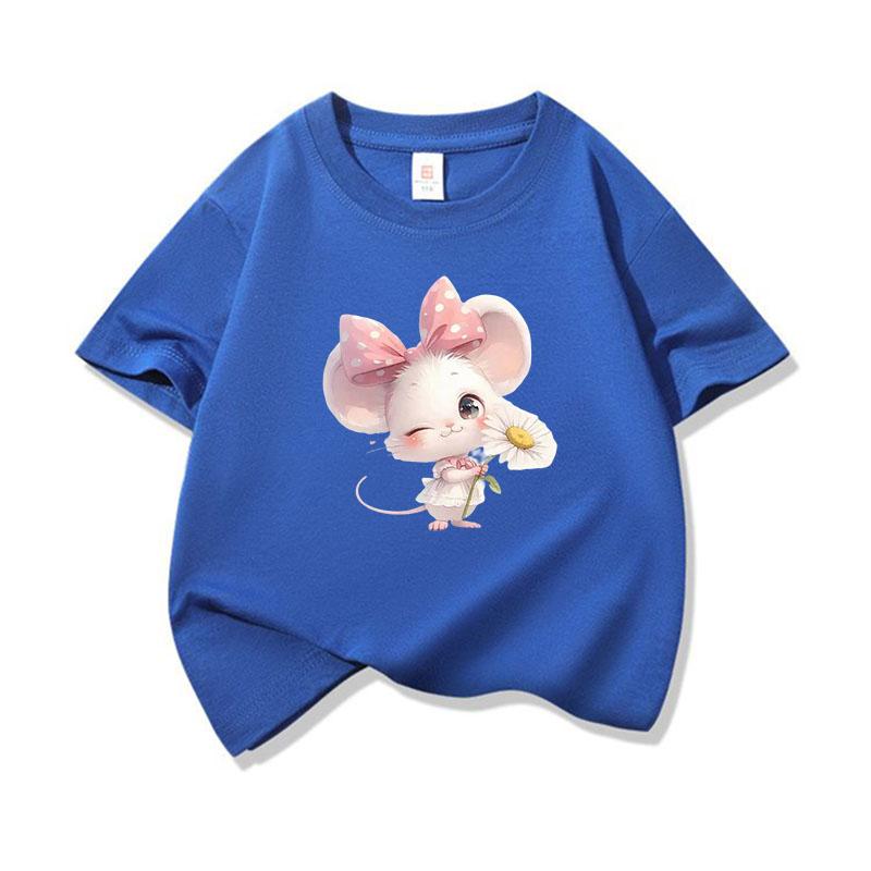 Kids Cotton T Shirt Adorable Mouse With Bow  Flower Print Crew Neck Short Sleeve Tee Casual Boys Girls Summer Tops