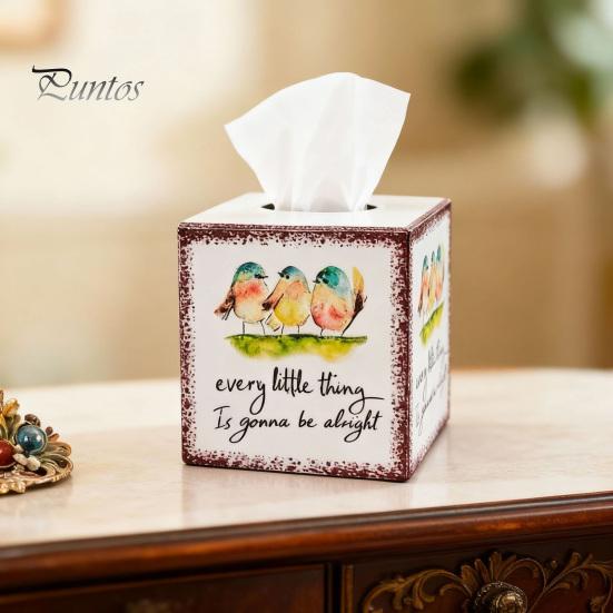 Farmhouse Style Paper Napkin Case Iron Art Square Tissue Box, Bee And Bird Watercolor Print Vintage Box Holder, Pastoral Decorative Dispenser
