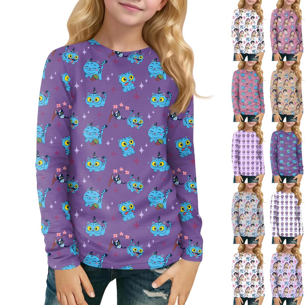 Children's Witch  Printed Long Sleeved Round Neck Top With Floral Print For Daily Casual T-shirt