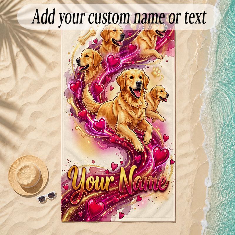 Hearts Theme Soft Beach Towel Personalized Custom Name Text Towel Portable for Beach Pool Travel