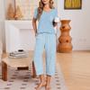 Women Casual Loose Fit Short Sleeve T Shirt and Capri Pants Pajama Set V Neck Top and Polka Dot Print Bottoms Lounge Wear Set