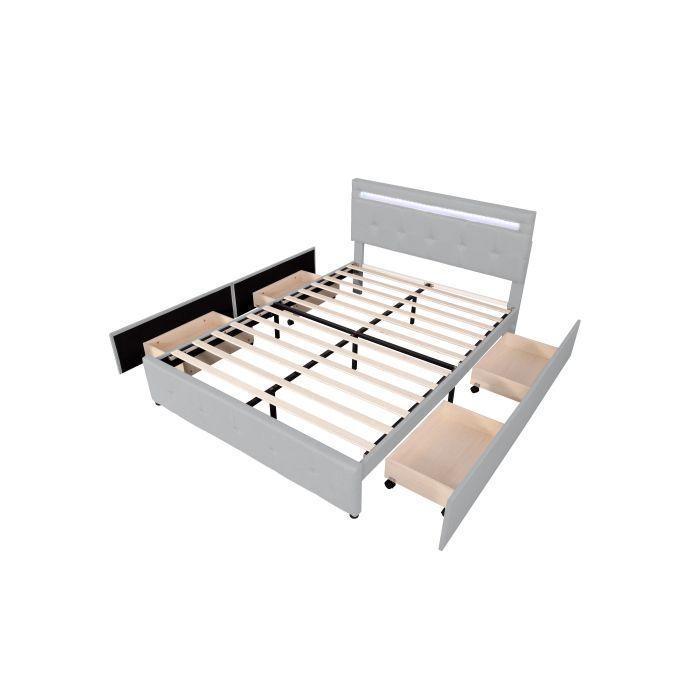 Bed - MUVOE - 140 X 200 Cm - Padded with LED - 4 Drawers - Grey