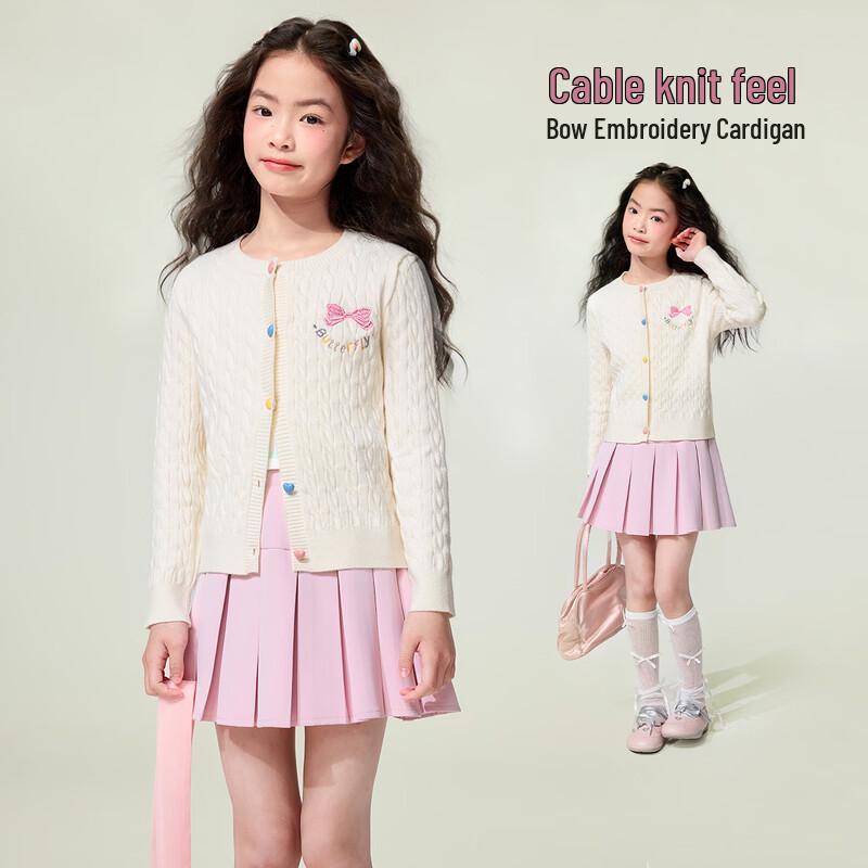Girls Embroidered Bowknot Cable Knit Cardigan 130