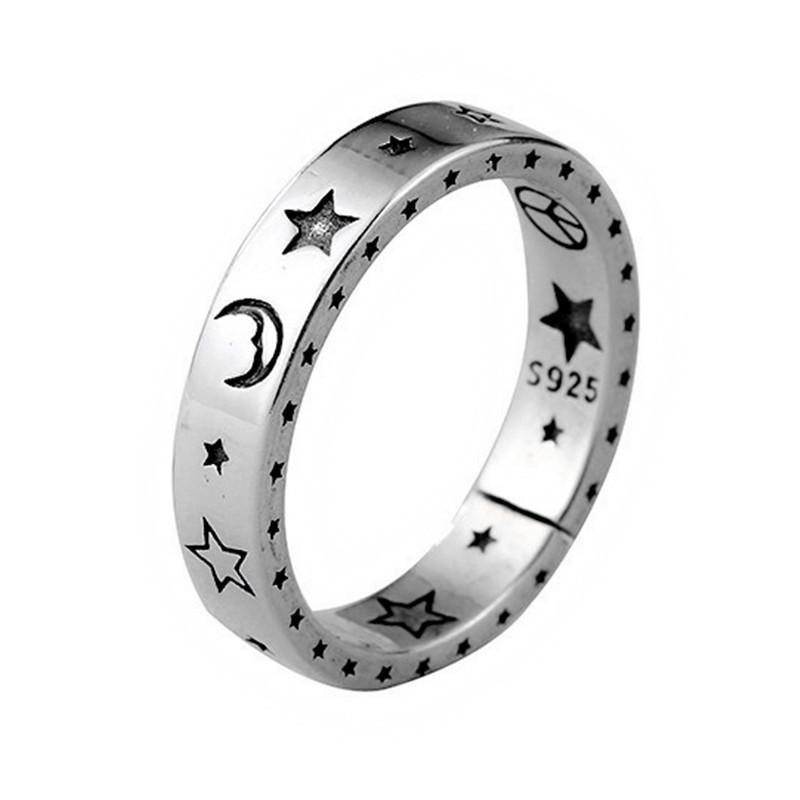 Korean Vintage Moon Star 925 Silver Finger Ring For Women Party Wedding Jewelry Jz404